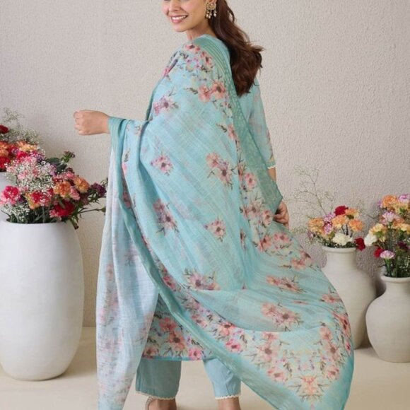 Sea Green Pink Coral Embroidered Kurta Set with Trousers & Dupatta - Picture 5 of 9